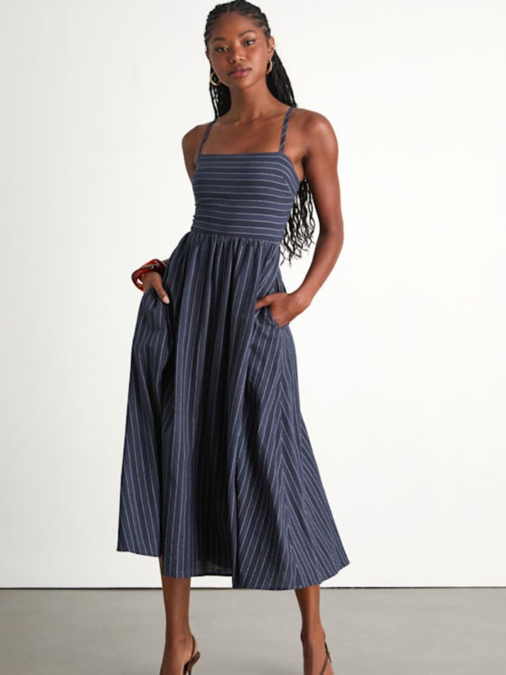 Lulus Feeling The Best Navy Striped Tie-back Midi Dress With Pockets Blue